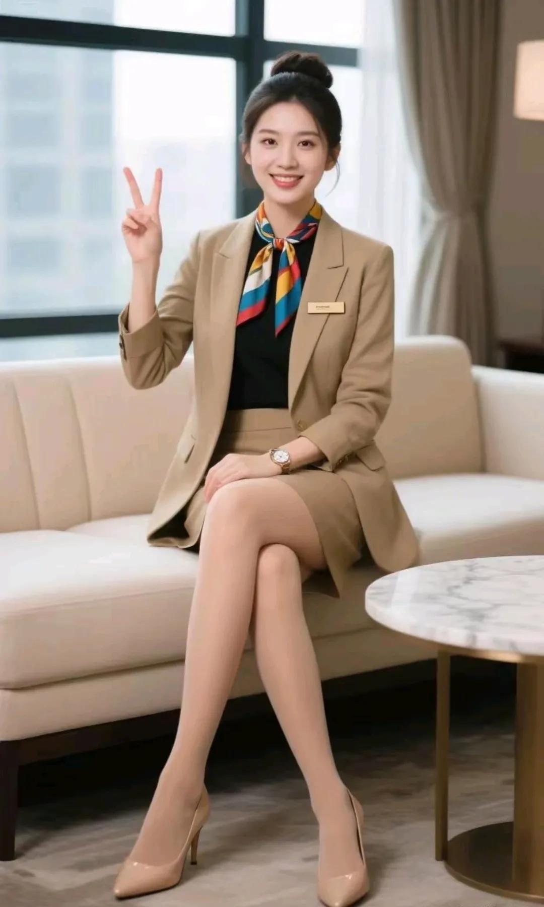 这位小姐姐穿着职业装，微笑着比出V字手势，看起来非常自信和友好。