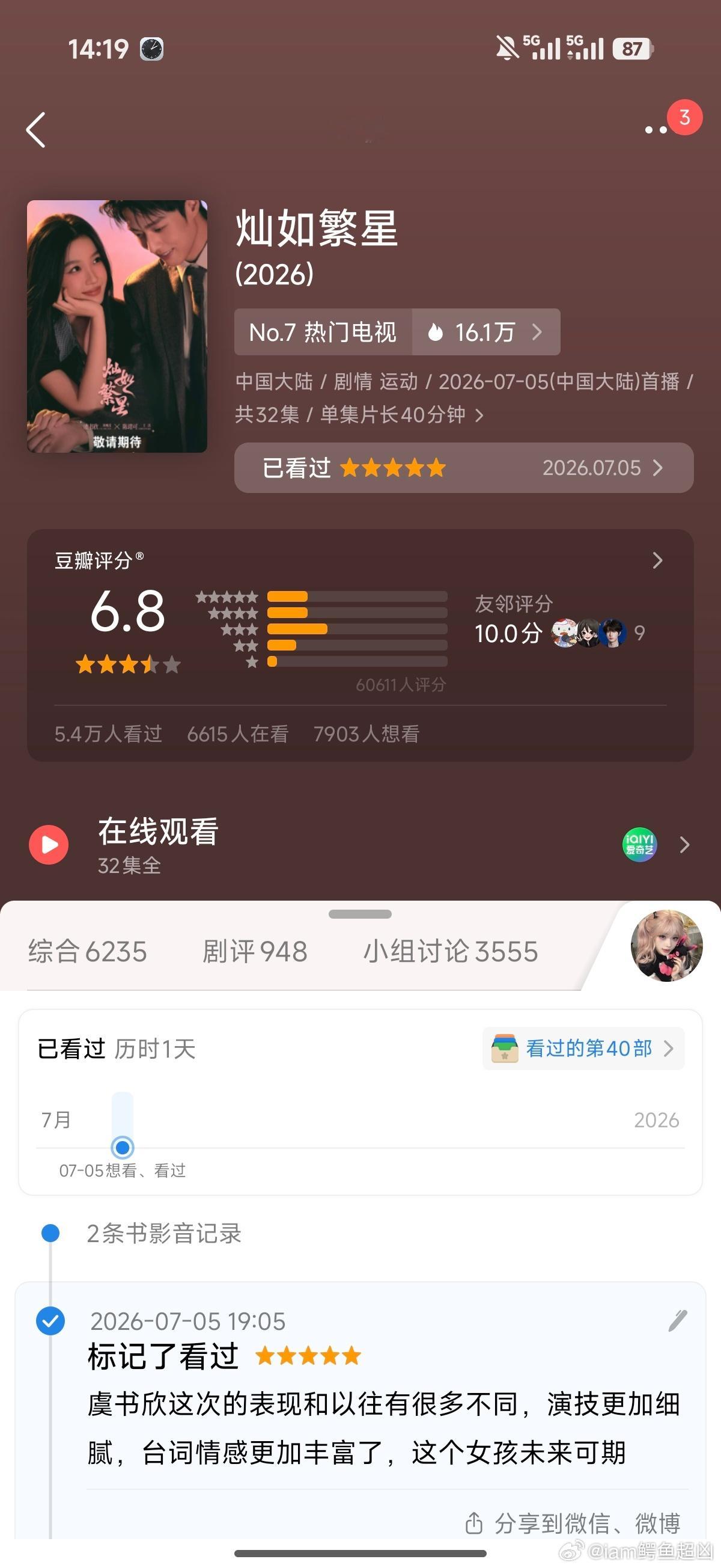 恭喜这个灿如繁星，暑期档豆瓣打分人数最多，爆剧石锤哦~！ 