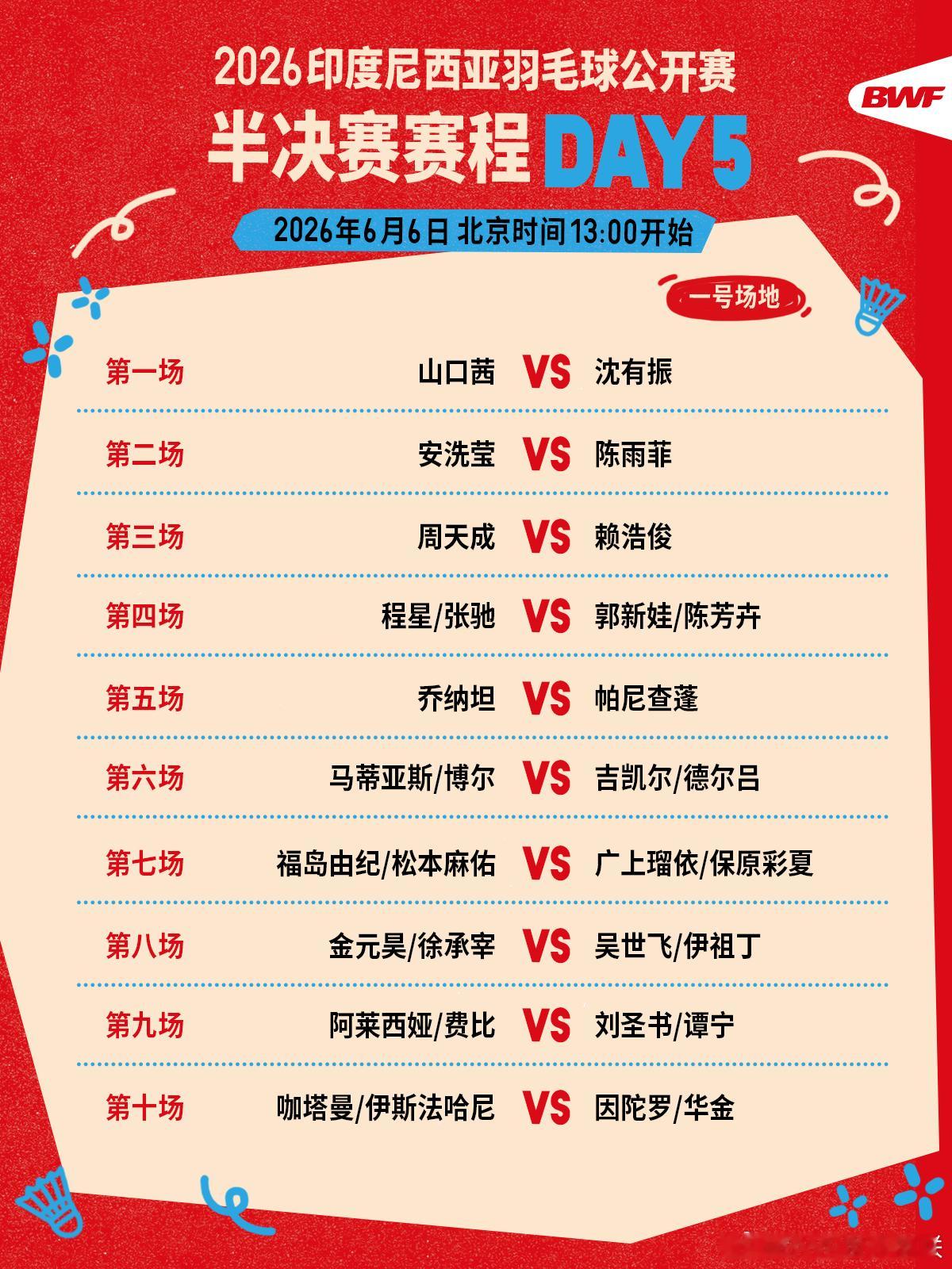 2026年印尼羽毛球公开赛 半决赛赛程🔥第五日赛程 下午一点开打🏸焦点战👉