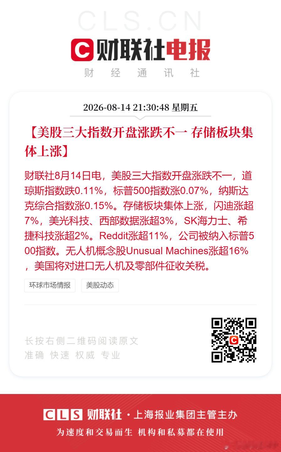 美股存储又涨了【美股三大指数开盘涨跌不一 存储板块集体上涨】财联社8月14日电，