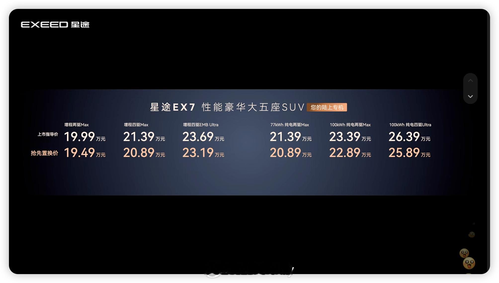性能豪华大五座SUV星途EX7，指导价19.99万-26.39万元，抢先置换价1