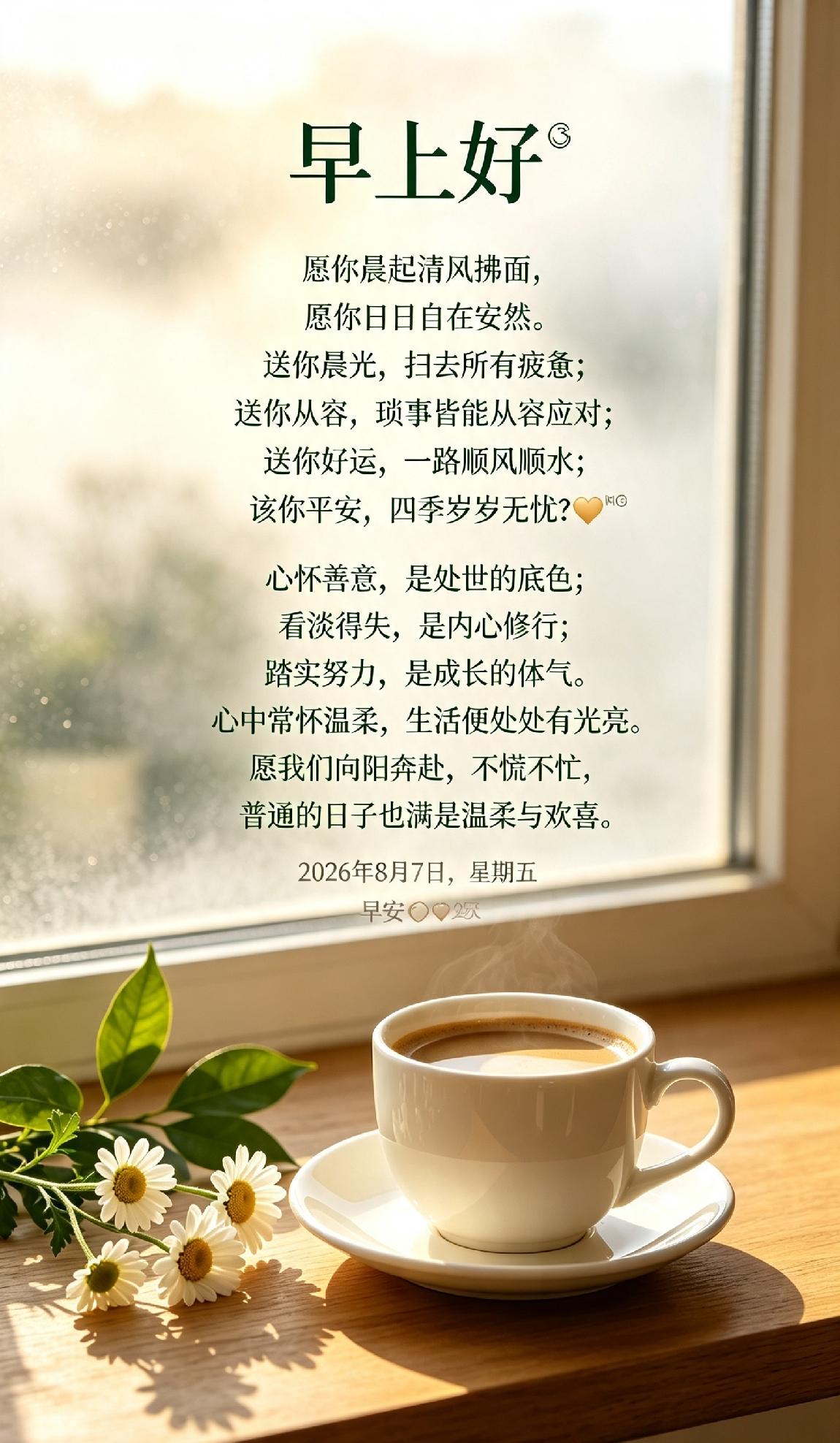 早上好 🍃
愿你晨起清风拂面，
愿你日日自在安然。
送你晨光，扫去所有疲惫；