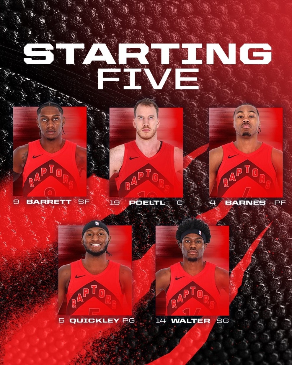 NBA[超话] 小卡缺席！猛龙首发：巴恩斯 贾科比 珀尔特尔 奎克利 巴雷特多伦