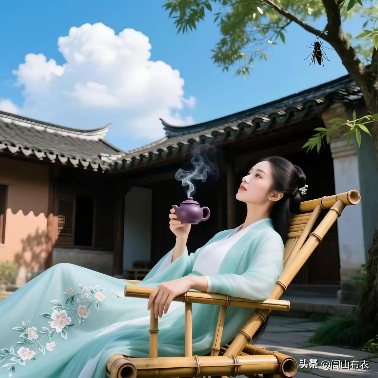 天净沙·村居 
幽舍云影闲檐，
清风蝉鸣茶烟，
陶卷流年静看。
心无牵绊，
安然