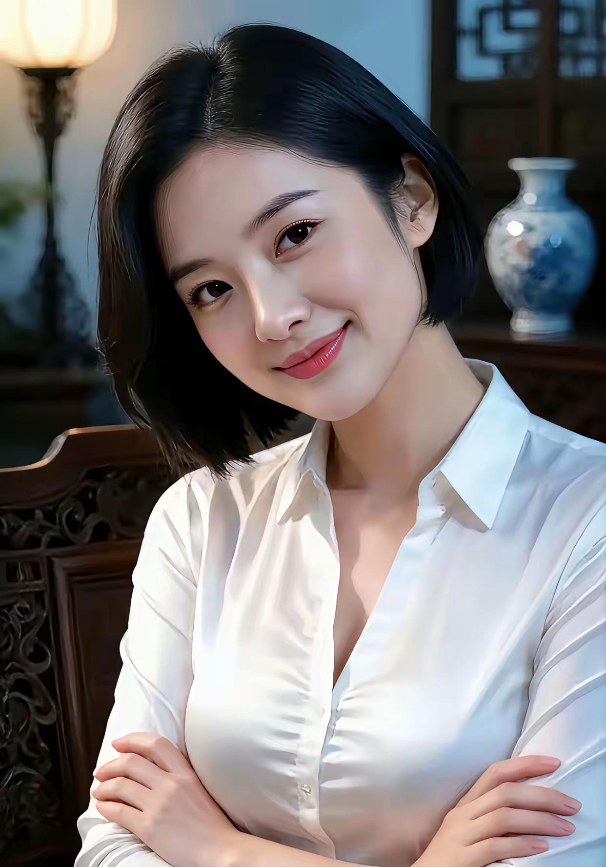 优雅白衬衫，自信笑容，气质满分！