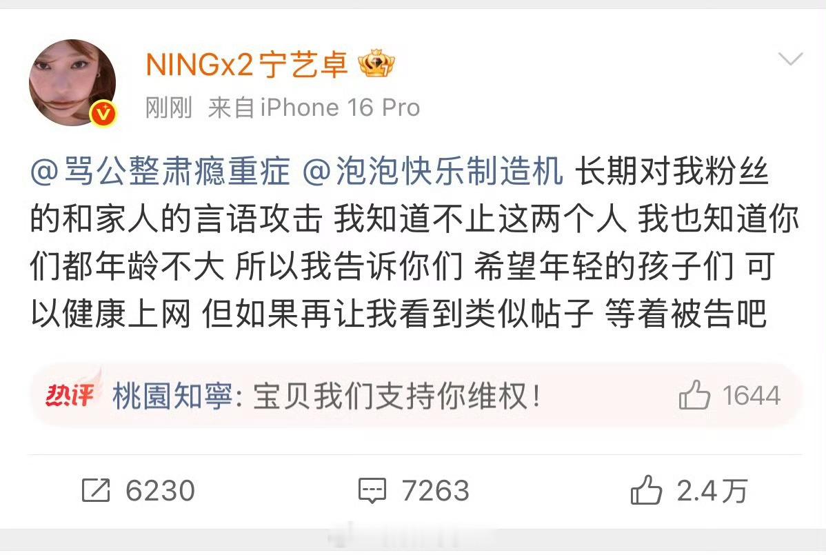 宁艺卓本人下场网络不是法外之地，无论针对谁触及到家人都是不可逾越的底线支持她拿起