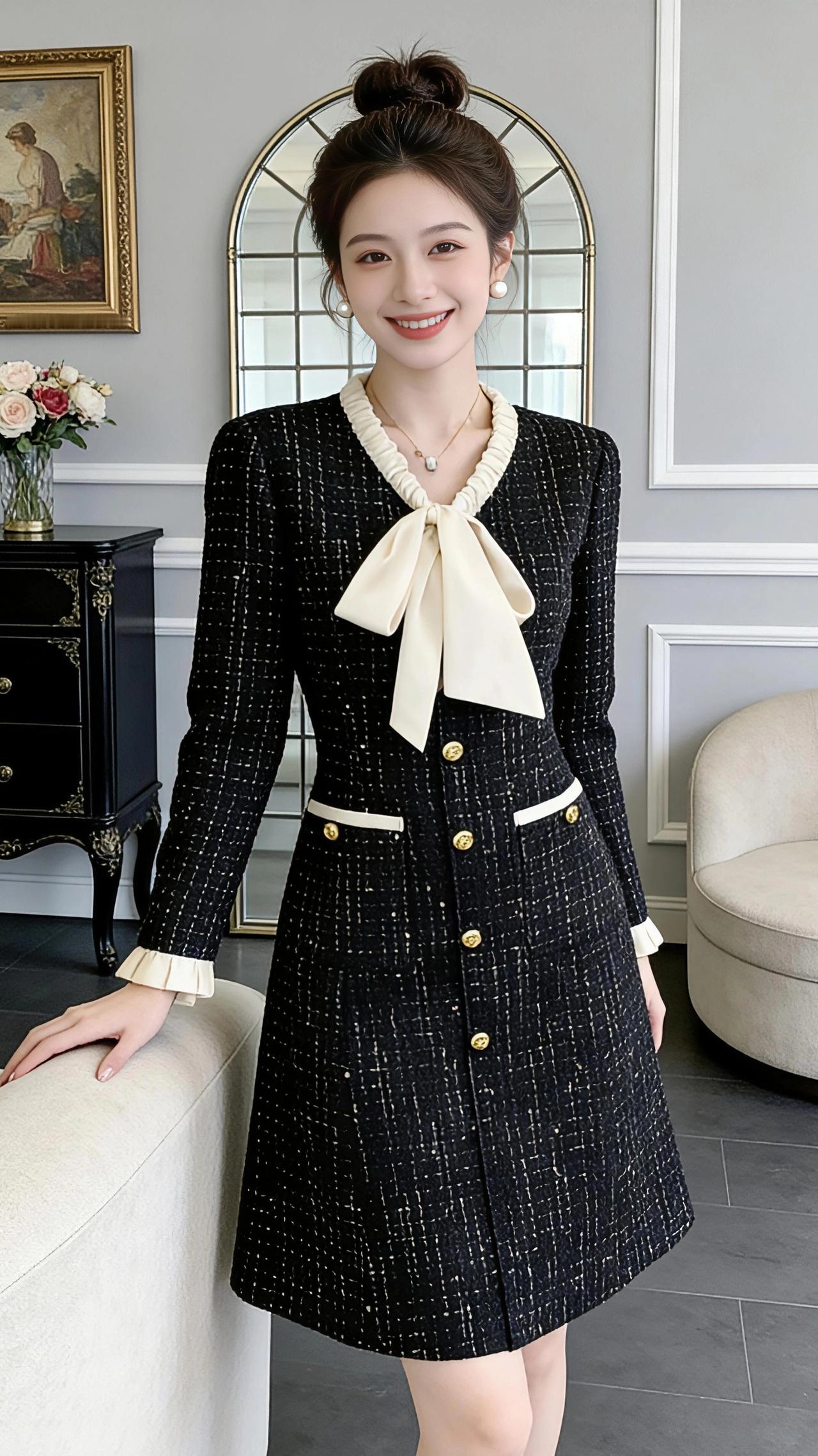 黑呢裙上的温柔序章
 
黑底白纹的粗花呢，像把冬夜的星子织进了裙身，在浅灰墙面前