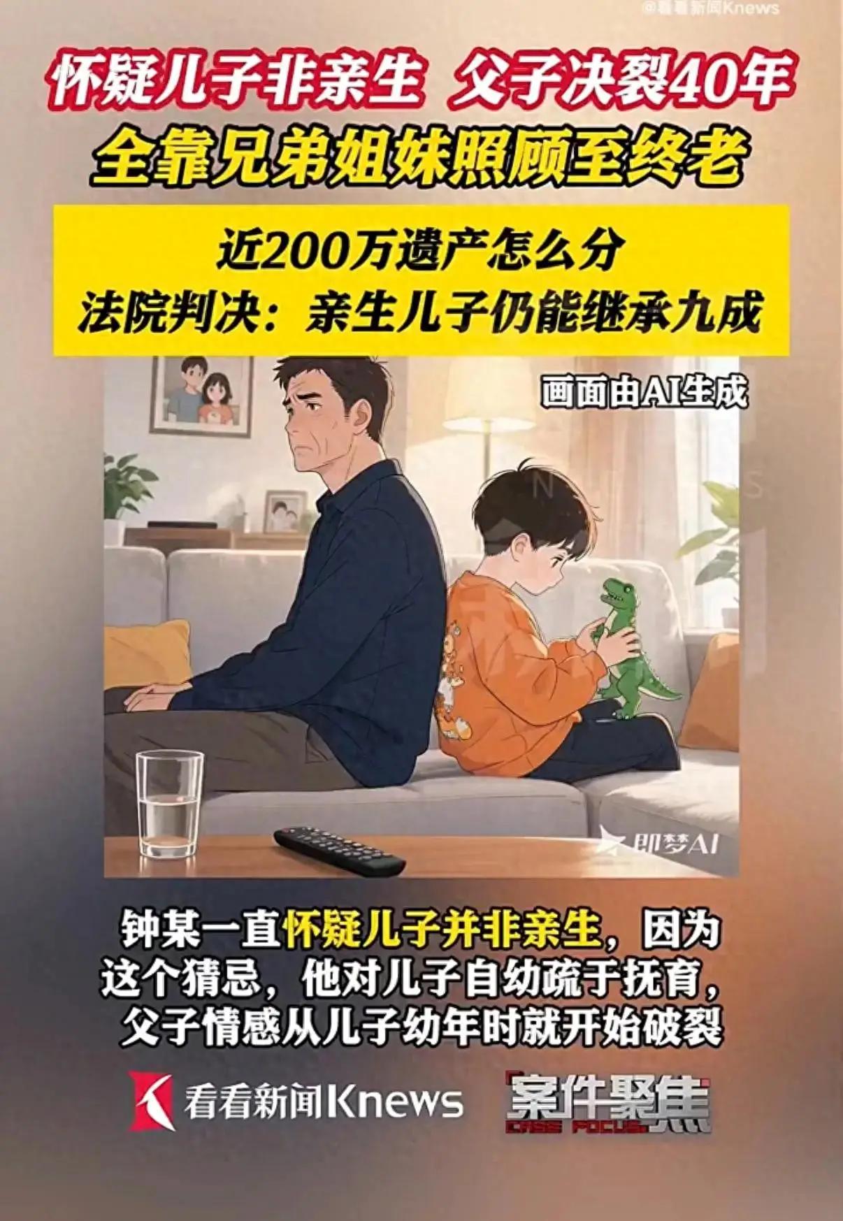 上海，男子一直怀疑儿子不是亲生。离婚后，儿子跟前妻生活，13岁时，父子断绝往来。