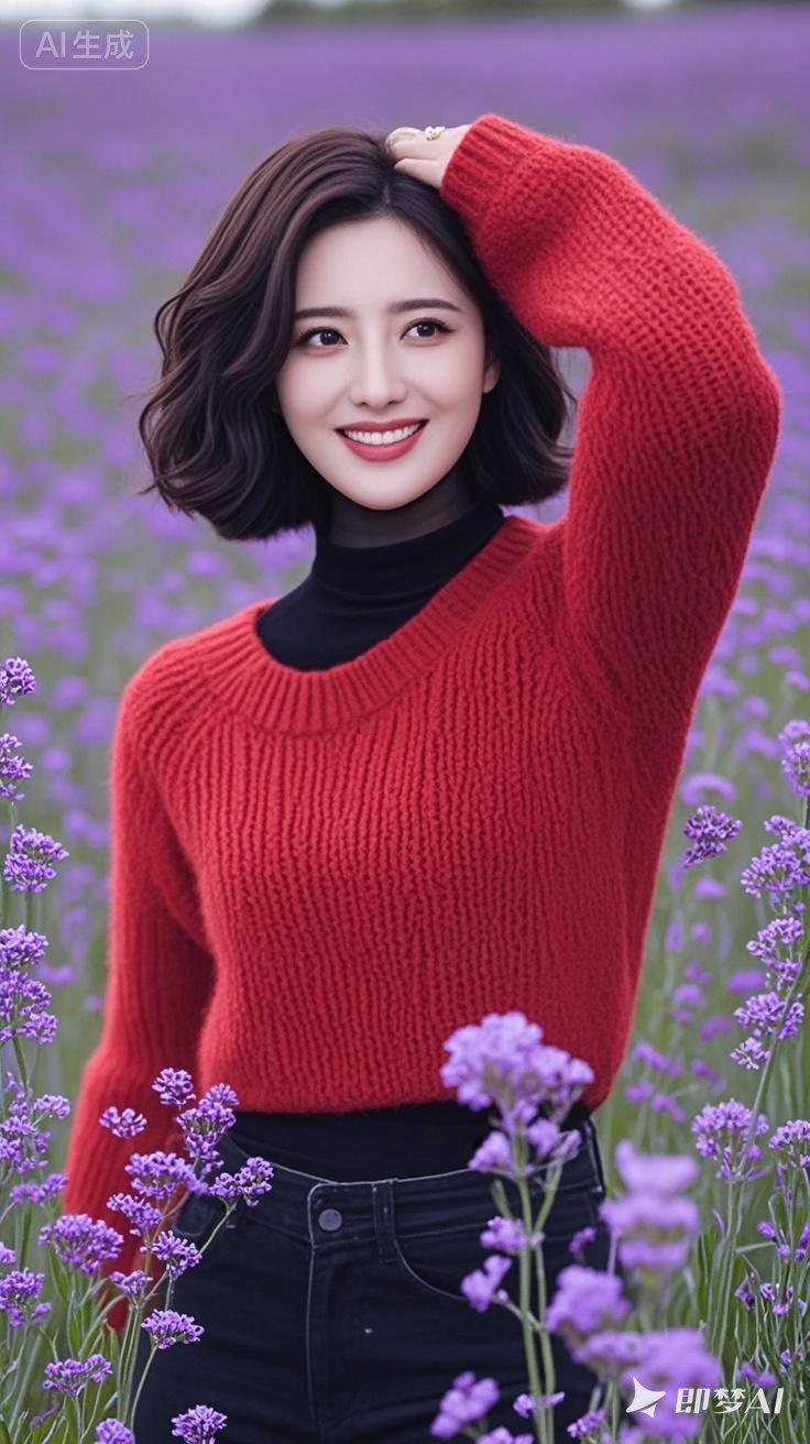 甜美笑容，红衣少女，置身花海，浪漫气息满满！🌸💖