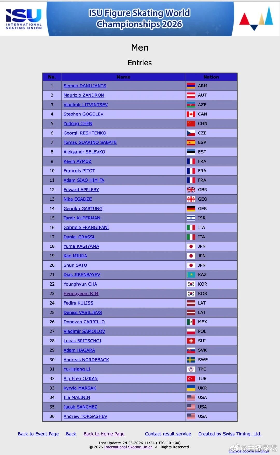 【直播预告】当地时间3月24-29日，米兰周期收官之战——2026年花滑世锦赛将