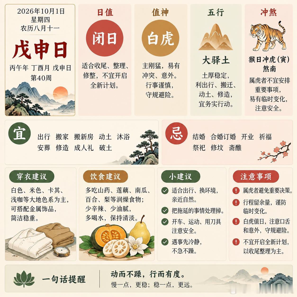 明日日课｜10月1日·戊申日明天是戊申日，戊土坐申金，土生金，整体的气偏向务实、