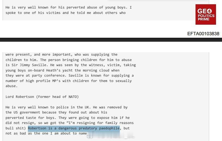 新公布的爱泼斯坦文件显示，乔治·罗伯逊勋爵（1999–2003年间任北约第十任秘