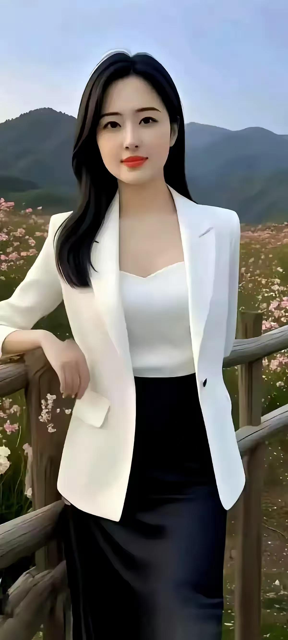 白西装配黑裙，山野花海间，优雅如风，温柔又飒爽，美得让人移不开眼。