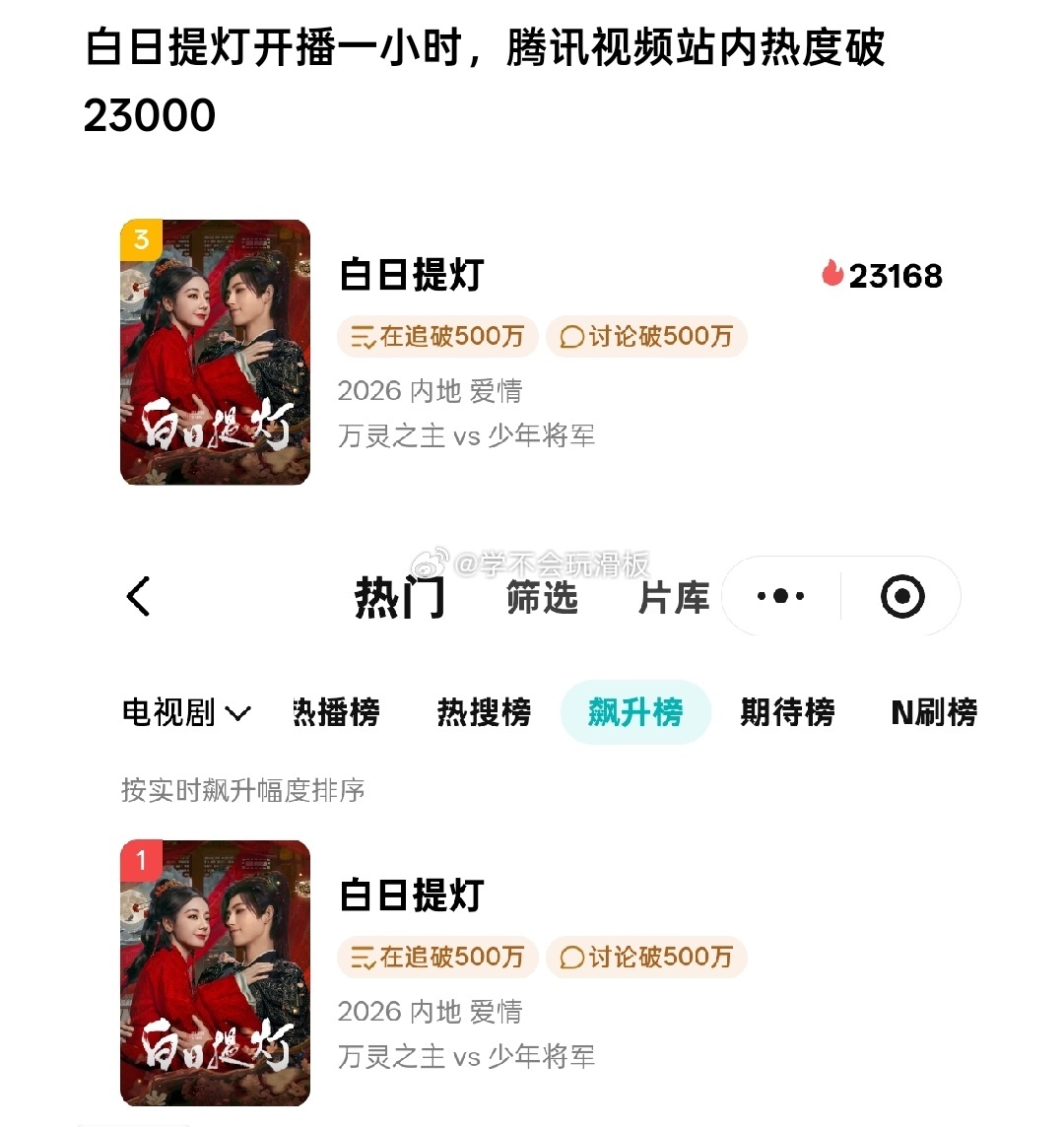 迪丽热巴、陈飞宇《白日提灯》开播一小时，站内热度破23000 飙升榜第一