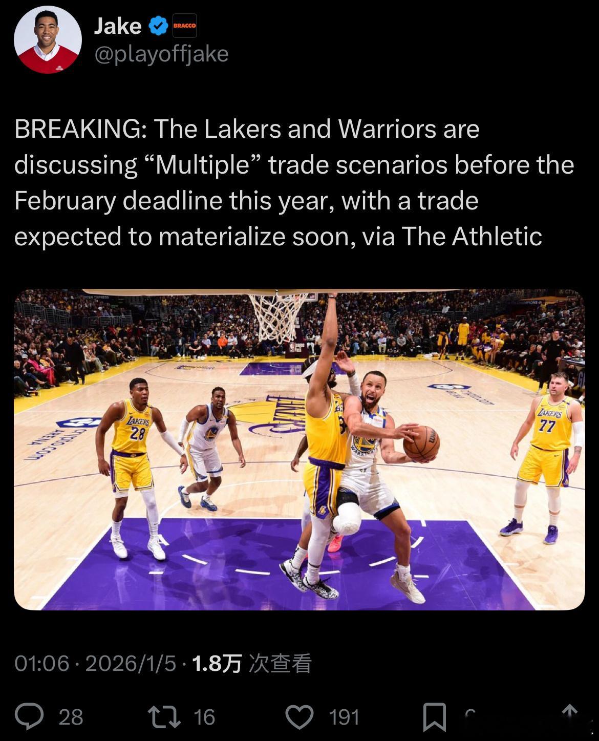 某扑的“湖人勇士讨论多种交易方案”同样来自那个名为Jake的自媒体，此前还发过“