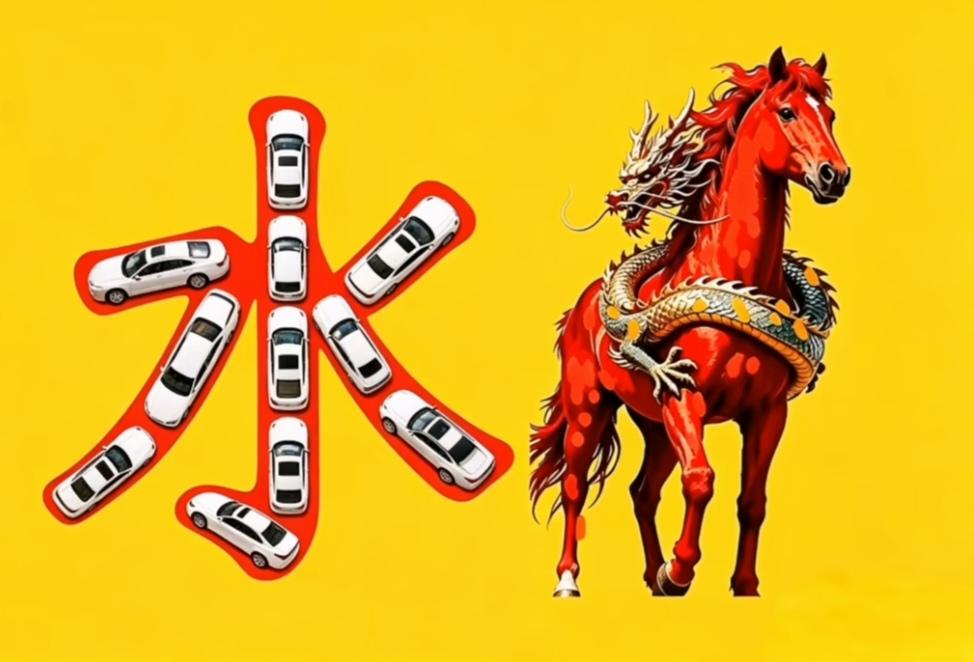 根据图意，谐音猜个四字成语来。温馨提示：车组成水字。龙盘马身。