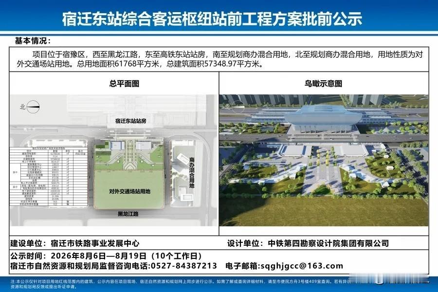 宿迁东站综合客运枢纽站前工程正式步入批前公示阶段，这标志着该高铁站点的配套建设向