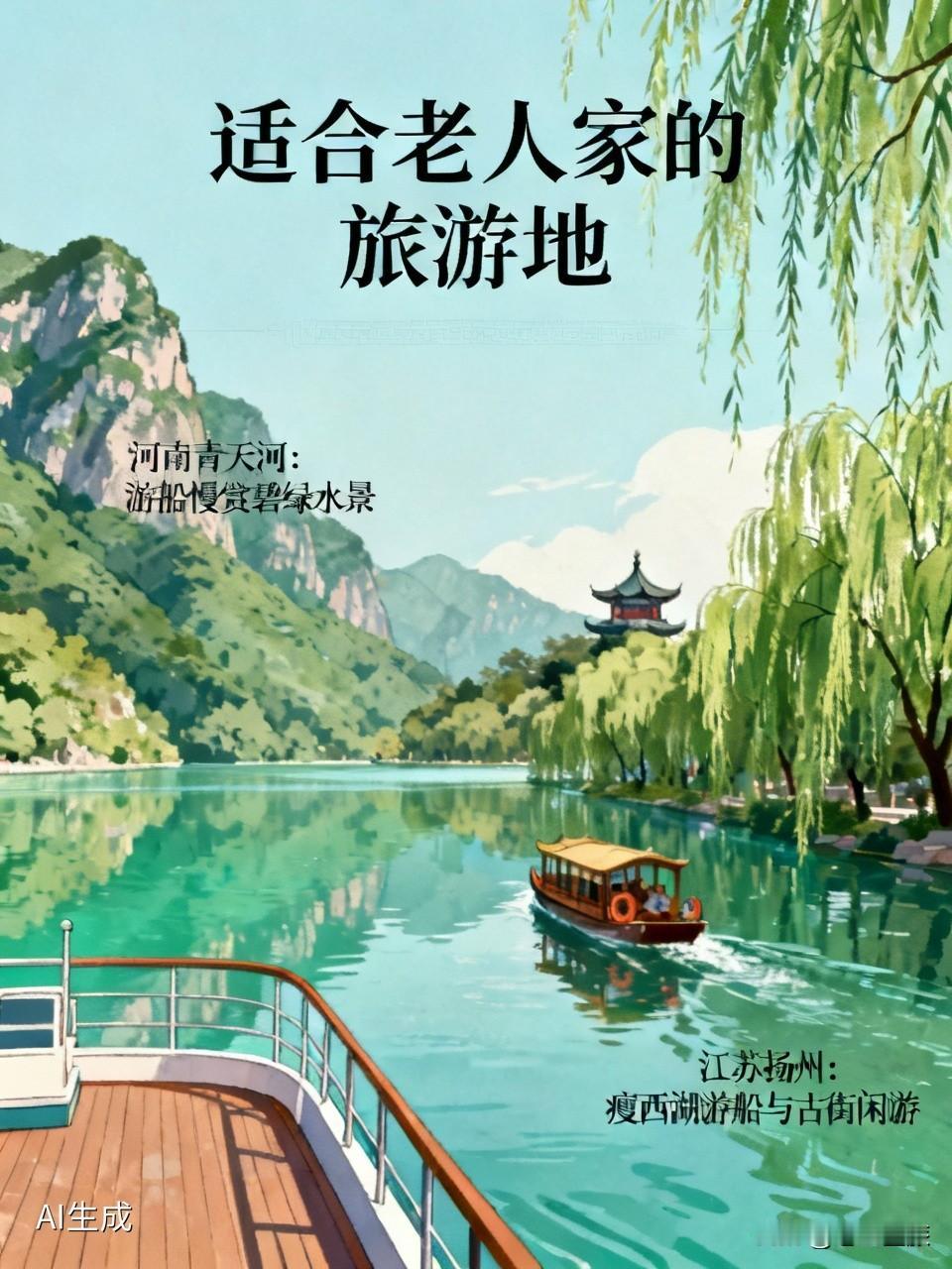 适合老人家旅游的地方还真不少。像河南焦作的青天河，虽是国家5A级景区，游客却不多
