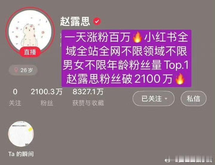 赵露思一天涨粉一百万[傻眼]总粉丝破2100万了果然大家还是喜欢这种活人感！ ​