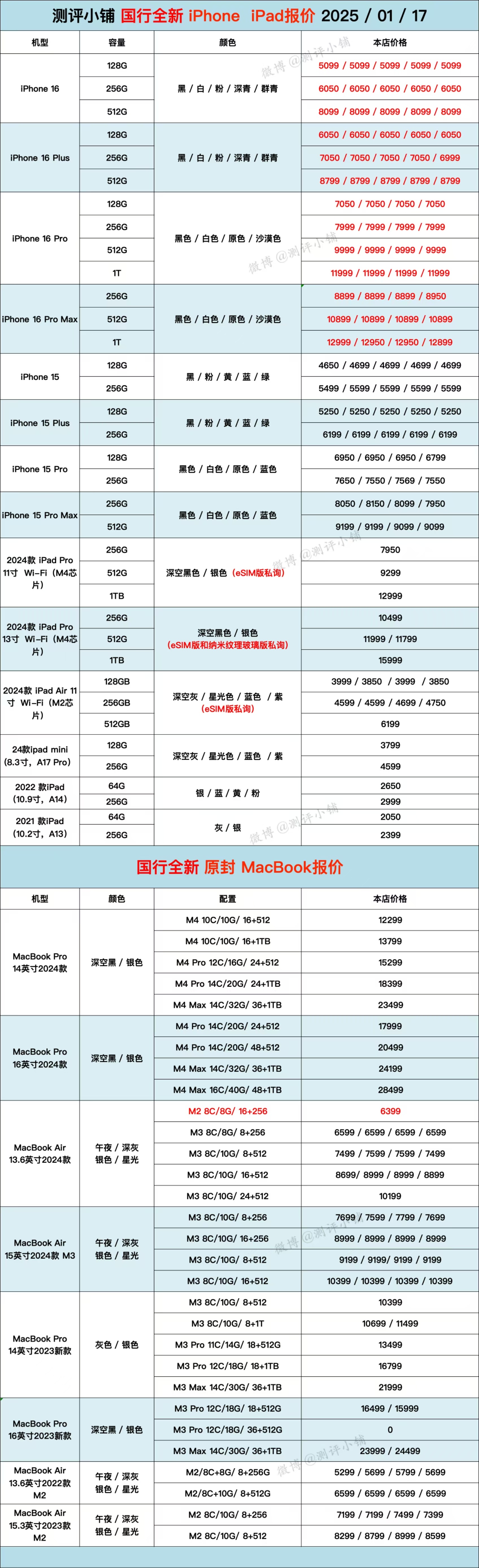 01-17全新机报价单。iPhone系列、iPad Pro，华为Mate70 R