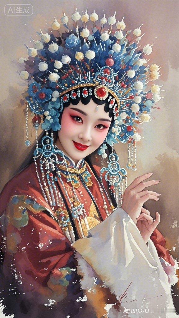 这是一位古装美人，头戴花冠，妆容精致。