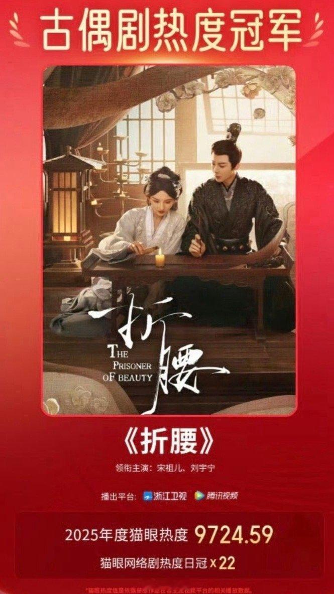 折腰2025猫眼热度最高古偶剧阿也，刘宇宁和宋祖儿啥时候还能二搭啊，两位主演的电