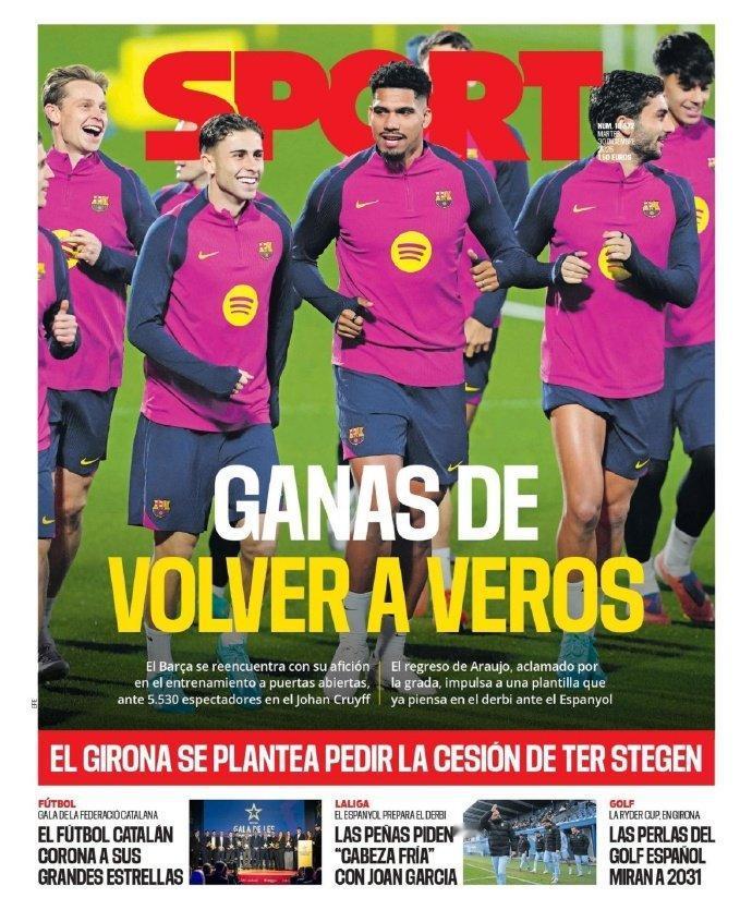 巴萨公开训练暖意浓！5530球迷见证阿劳霍回归，德比战号角已响
 
5530名球