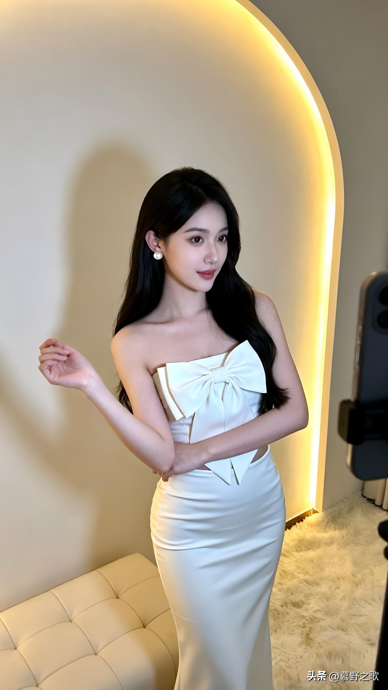 对着手机镜头调整姿势时，抹胸裙上的大蝴蝶结在胸前轻晃，缎面材质泛着柔光，像把月光