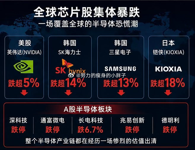 全球芯片股为什么暴跌全球芯片股集体大跌，三天蒸发1.5万亿市值。前期AI炒作股价