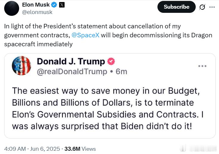 马斯克：鉴于总统关于取消我政府合同的声明，SpaceX将立即开始退役其龙飞船。 