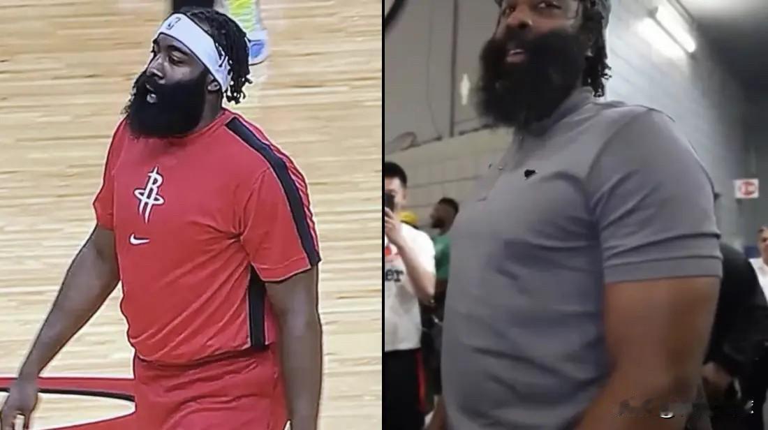 哈登放纵了！美媒体NBA Memes更新社交媒体，晒出一张哈登火箭时期和现在的身