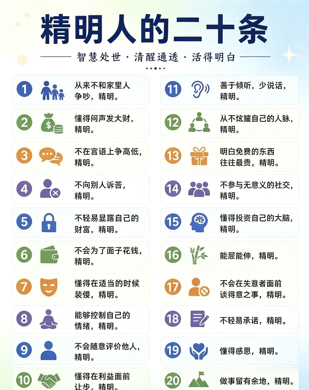精明人处世的这20条，皆有理有据。

例如，他们绝不轻易亮出底牌，深谙韬光养晦之