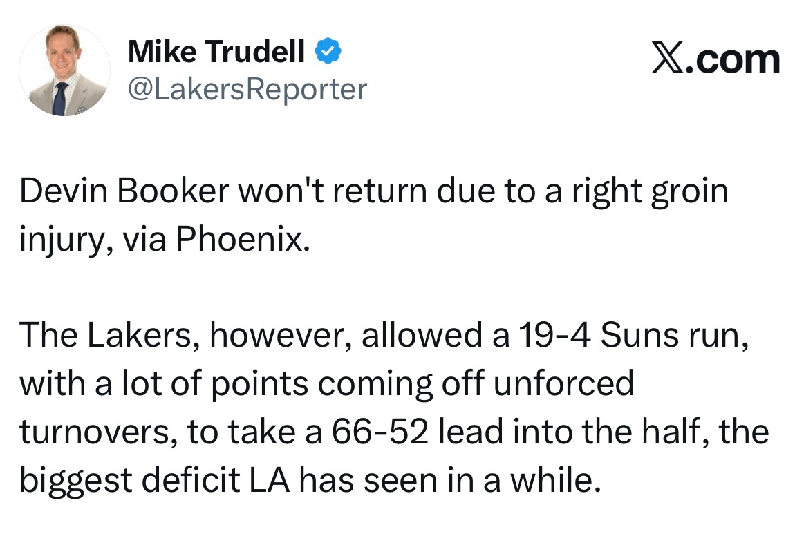 布克因右侧腹股沟受伤，将不会回归本场比赛。还有翻盘机会吗…… 