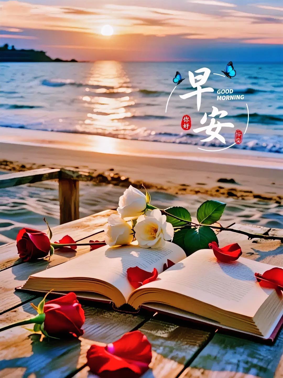 你好呀，晨光吻海，玫瑰落书页，这温柔一瞬，是生活给你的专属早安吻。