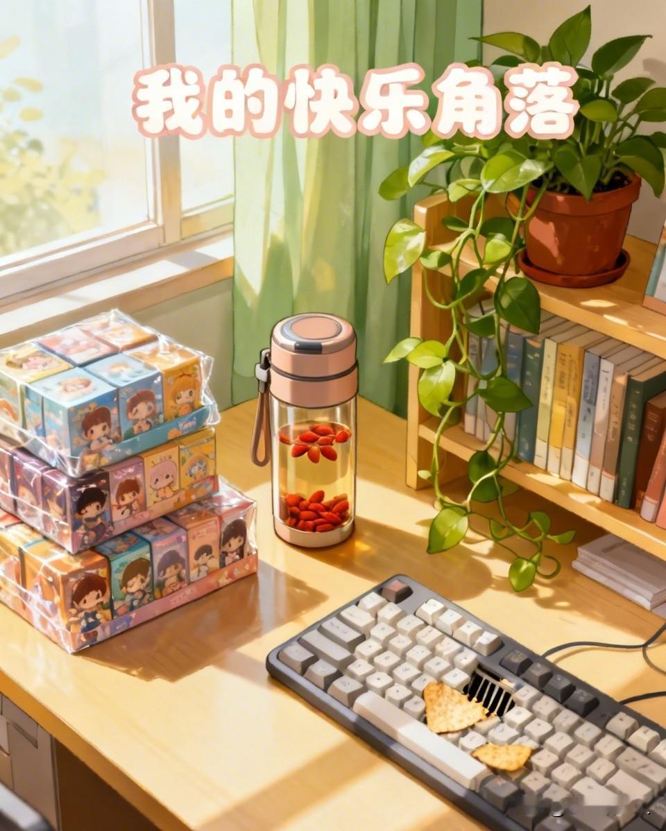 我的书桌那可是我的快乐老家——左手边堆着没拆封的盲盒，右手边泡着枸杞的保温杯，键