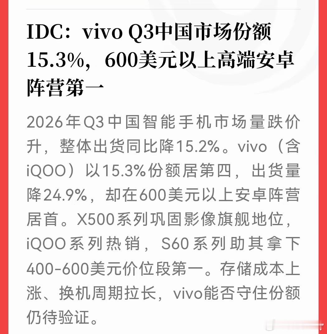 蓝厂真是把手机做到极致了IDC Q3手机市场的vivo继续凭借稳健的产品竞争力保
