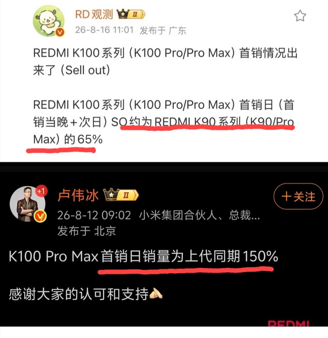关于REDI K100系列首销情况，我们更应该相信谁？
前几天，卢总说这一代的首
