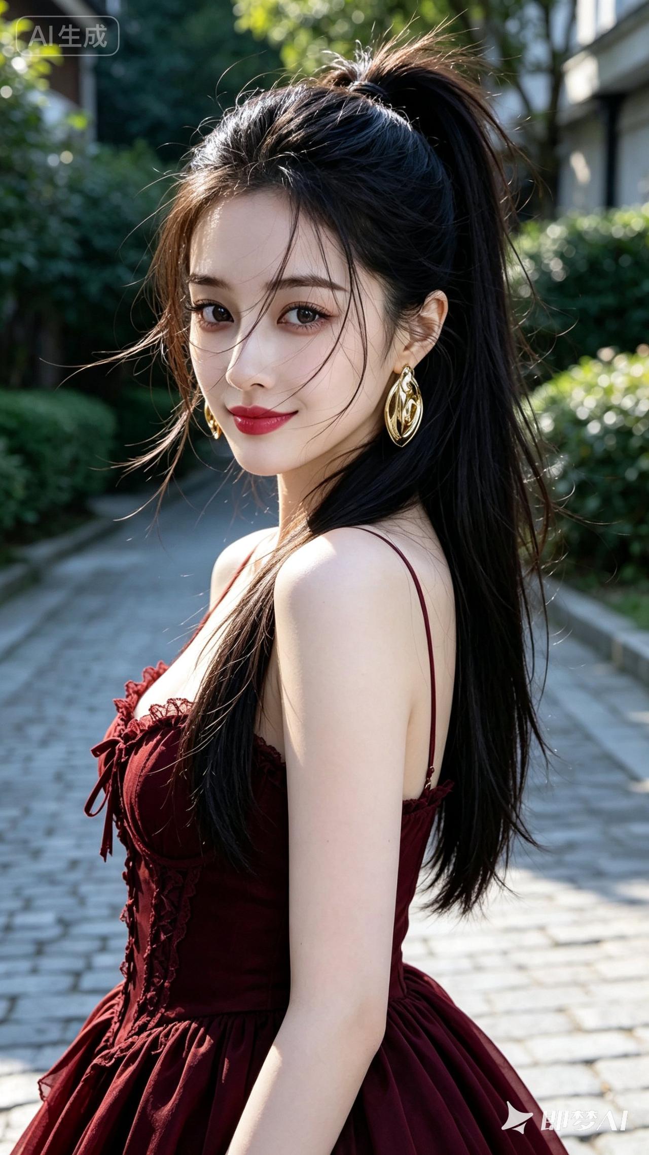 红裙少女，阳光下的优雅与甜美