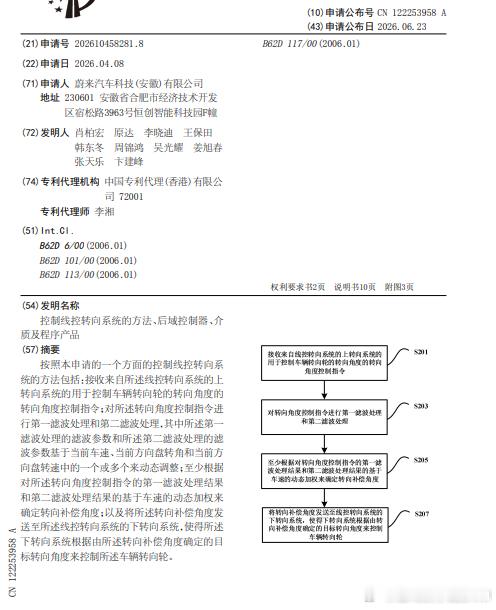 技术巡猎 蔚来 控制线控转向系统的方法、后域控制器、介质及程序产品。“线控转向又