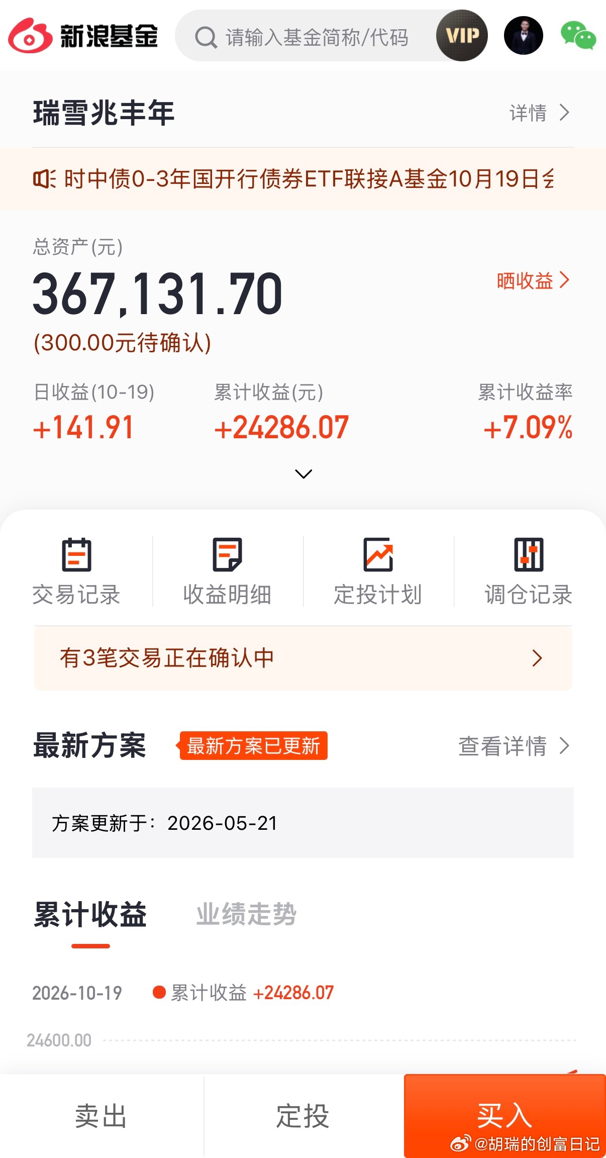 今天瑞雪又赚钱了，累计收益再创新高，持有收益率突破7%了。不过今天定投的股票基金