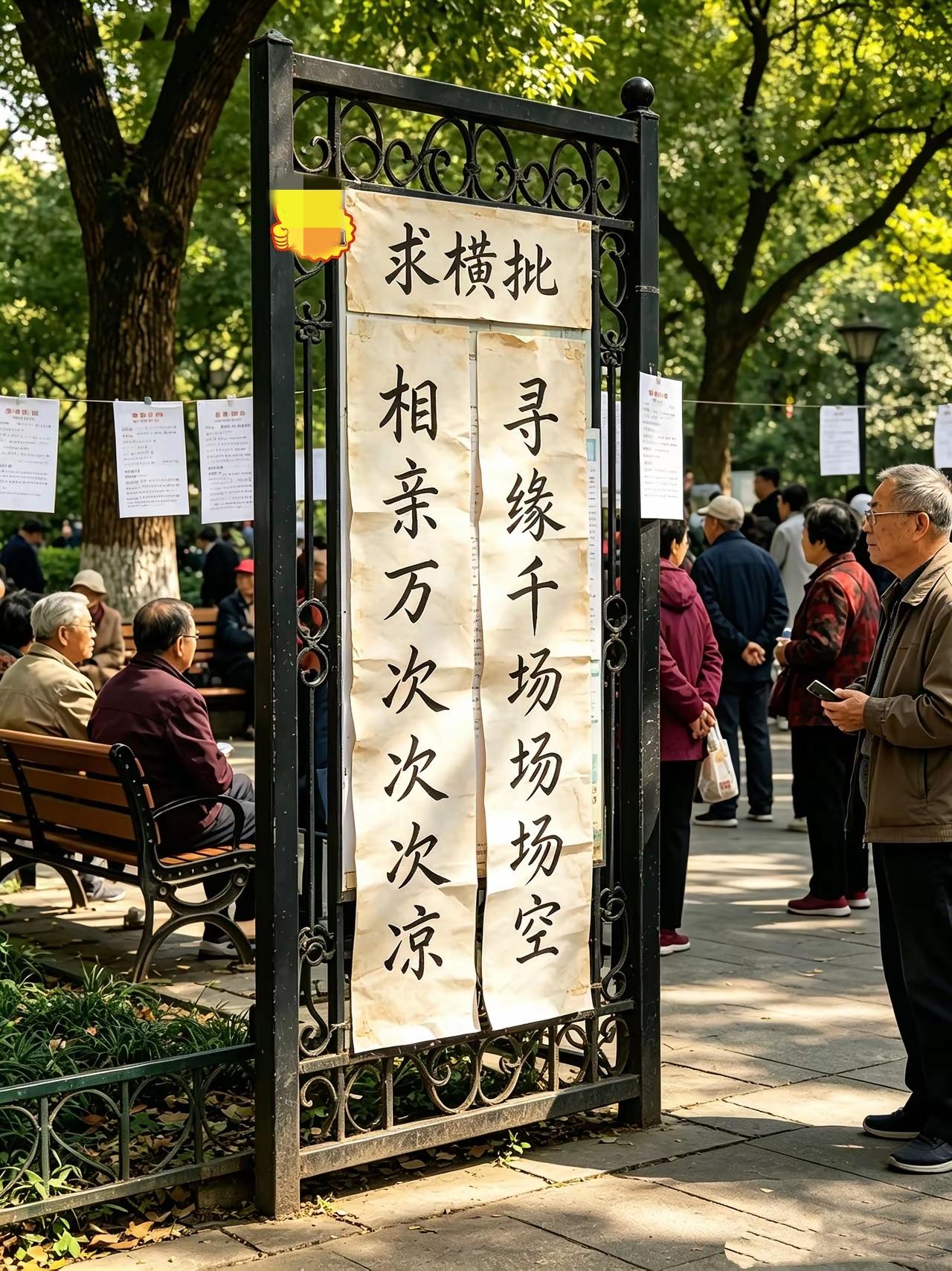 在公园一个相亲角落看到一副对联，据说挂出两年之久至今无人能对出横批，在此诚邀全网