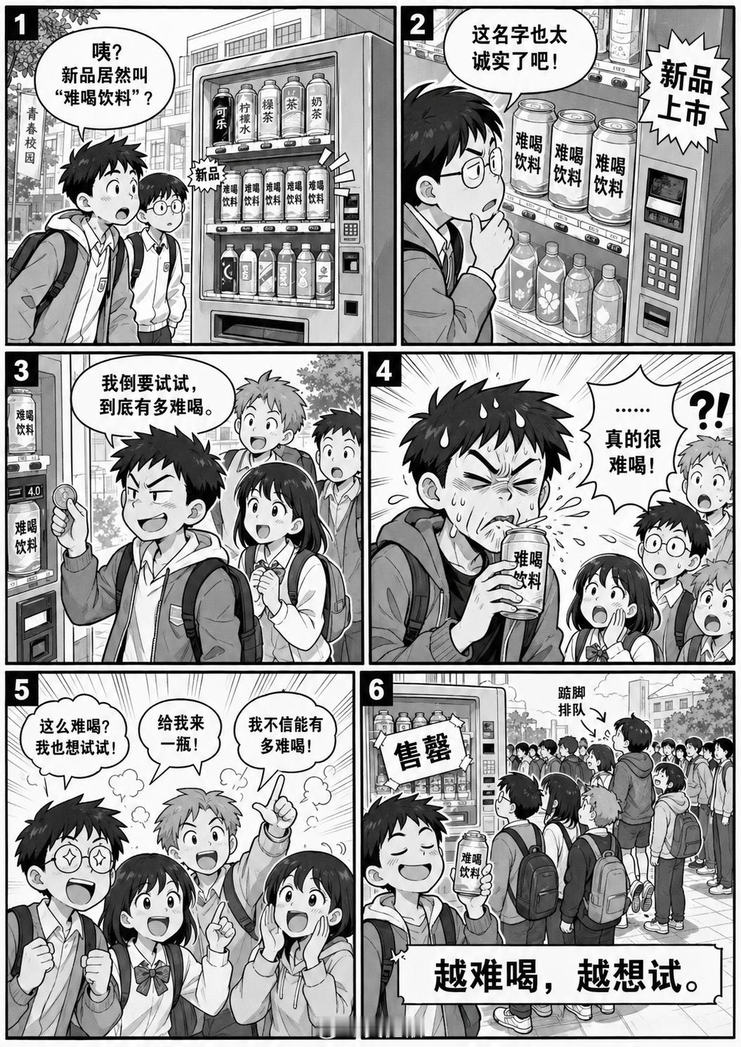 小时候看过一副漫画，售货机出现了一款「难喝饮料」，结果大家纷纷好奇尝试。但我找不