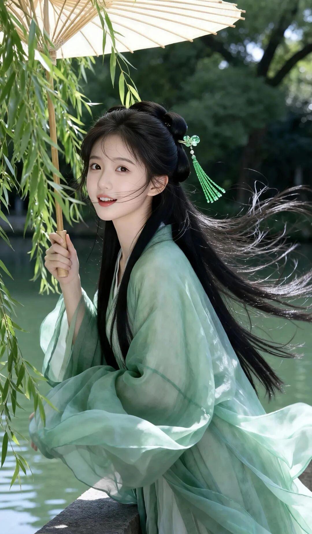 清冷灵动的古风少女，乌黑柔顺的长发挽成温婉古典发髻，点缀同色系绿玉流苏发簪，清雅