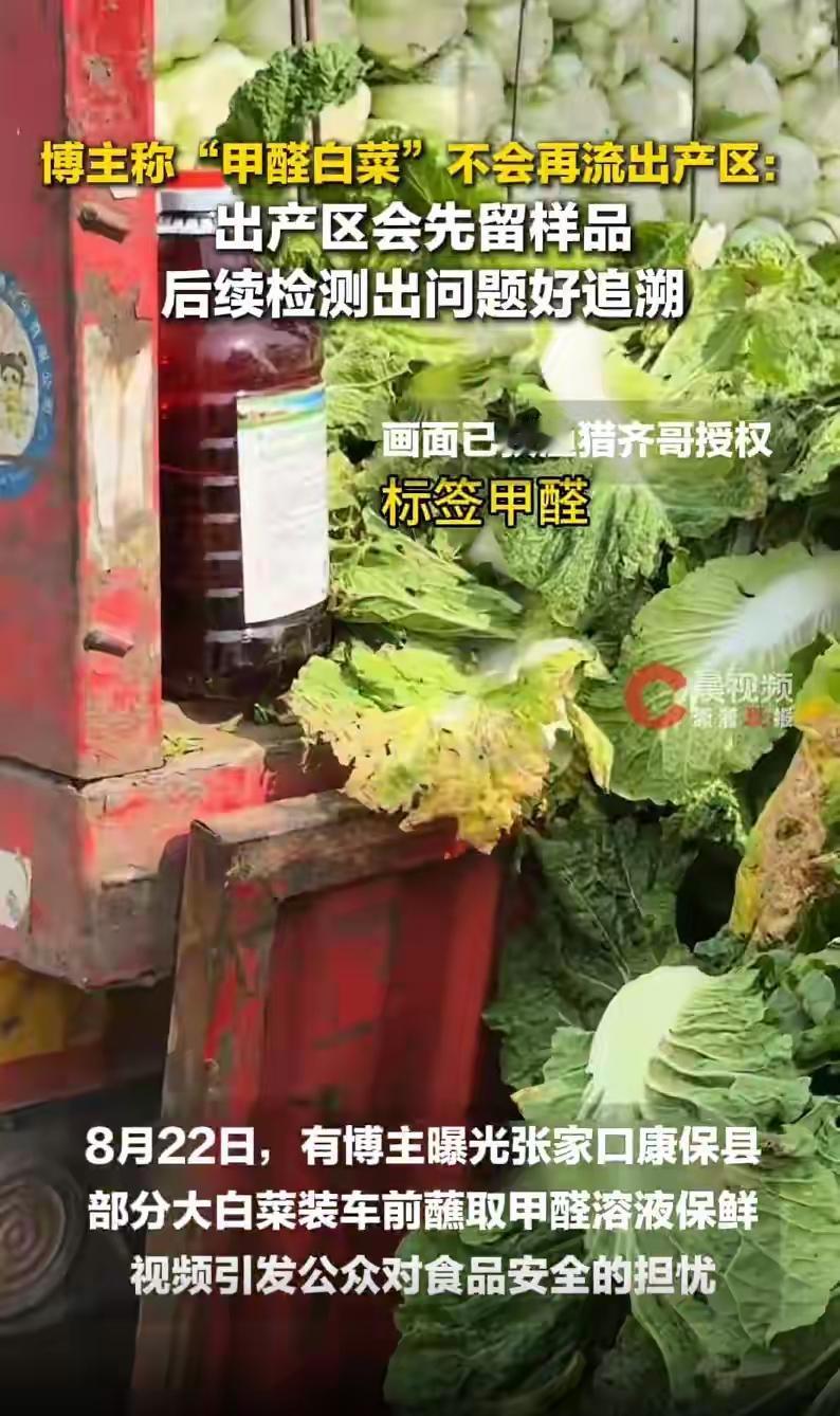 “甲醛白菜”事件后续：产地增设留样追溯，蘸药白菜难流出产区
 
8月23日，博主