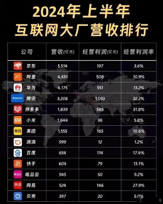 2024年互联网大厂营收+利润+利润率排行。其实利润率不需要看，不是更多是广告收