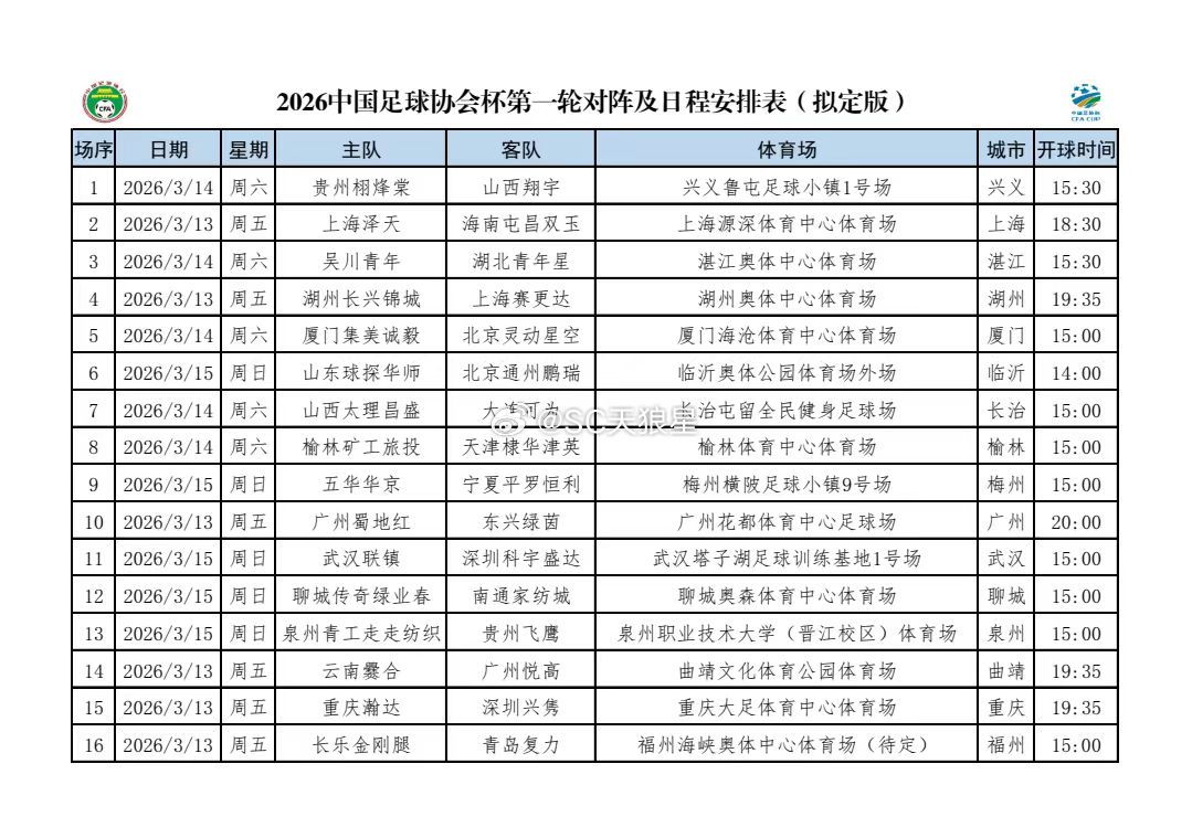 网上看到的，足协杯第一轮对阵时间（拟定版）天津棣华应该是下周六，下午15:00比