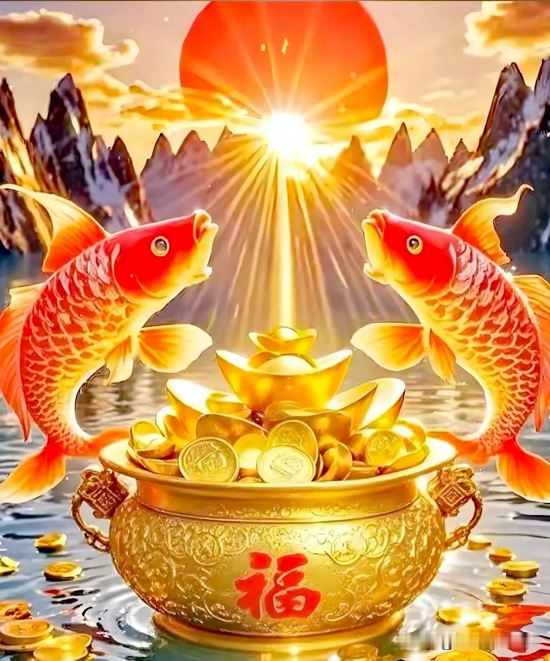 双鲤迎光招百福，
宝盆纳库聚千金。