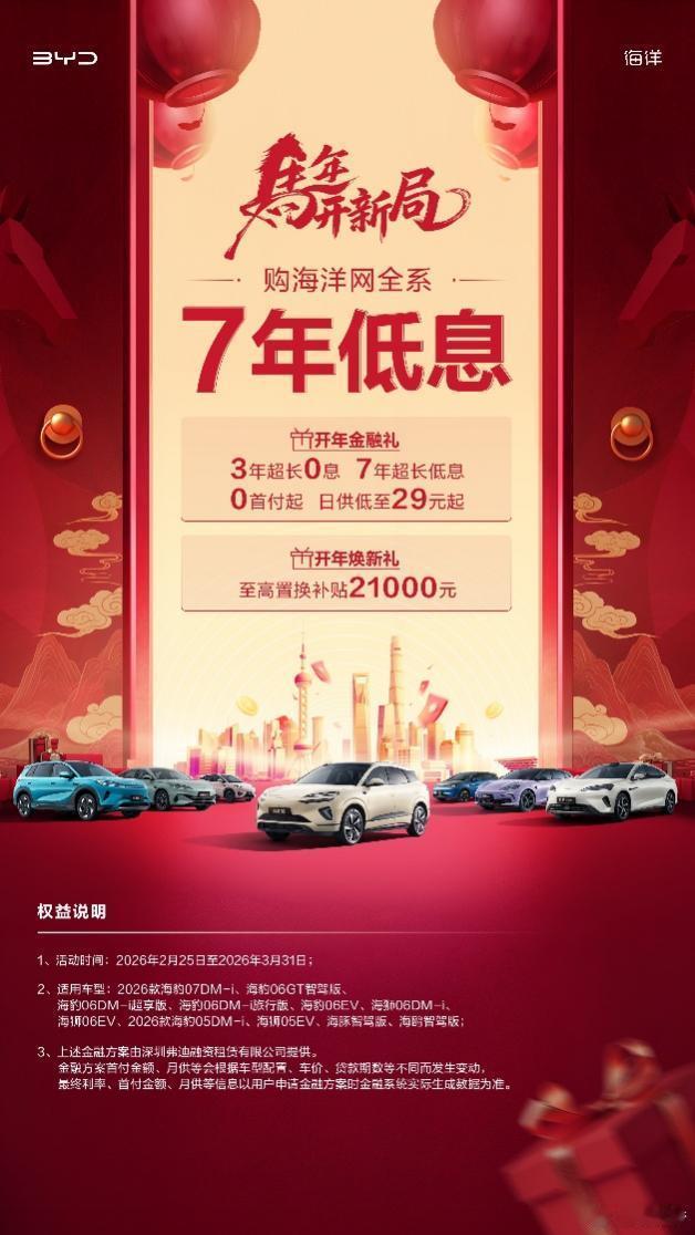 7年低息，现在谁不跟进多多少少有点吃亏，马年刚开年，比亚迪海洋网全系也都开始了：