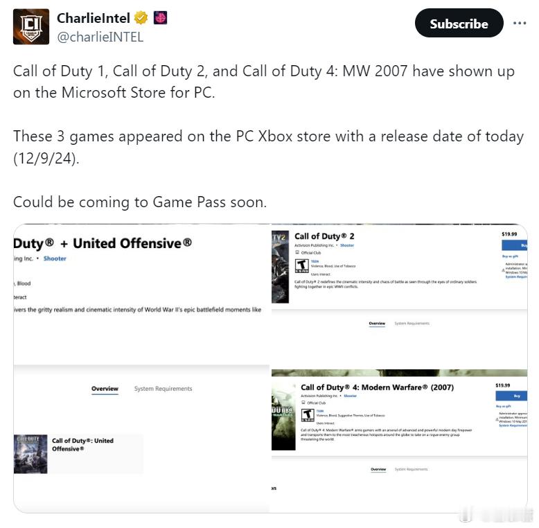 Xbox  COD1/2/4的PC版出现在微软商店，可能很快就会加入 Game 
