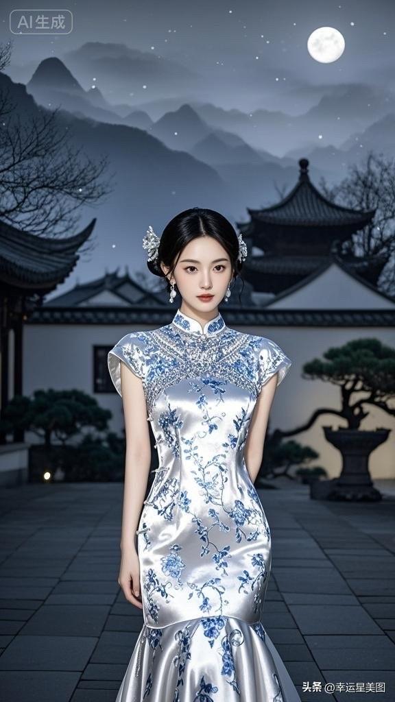 银光闪闪的晚礼服，优雅动人，宛如月下的仙子。